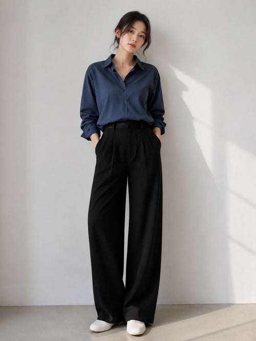 Midnight Navy — full-length view of the Everyday Oversized Shirt with black wide-leg trousers