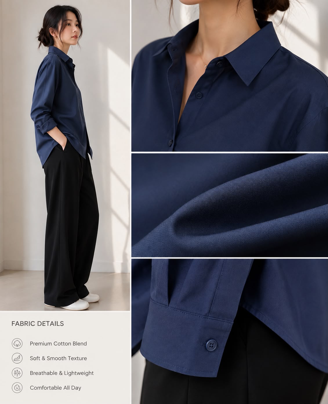 Midnight Navy — Everyday Oversized Shirt details: collar, sleeve drape and cuff close-ups with fabric notes
