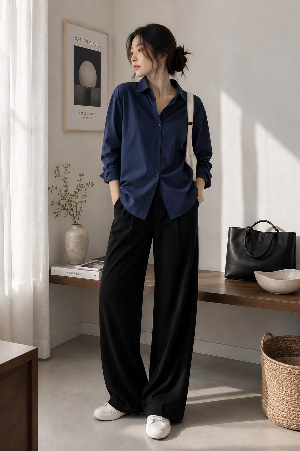 Midnight Navy — model wearing the Everyday Oversized Shirt open over black trousers in a sunlit room