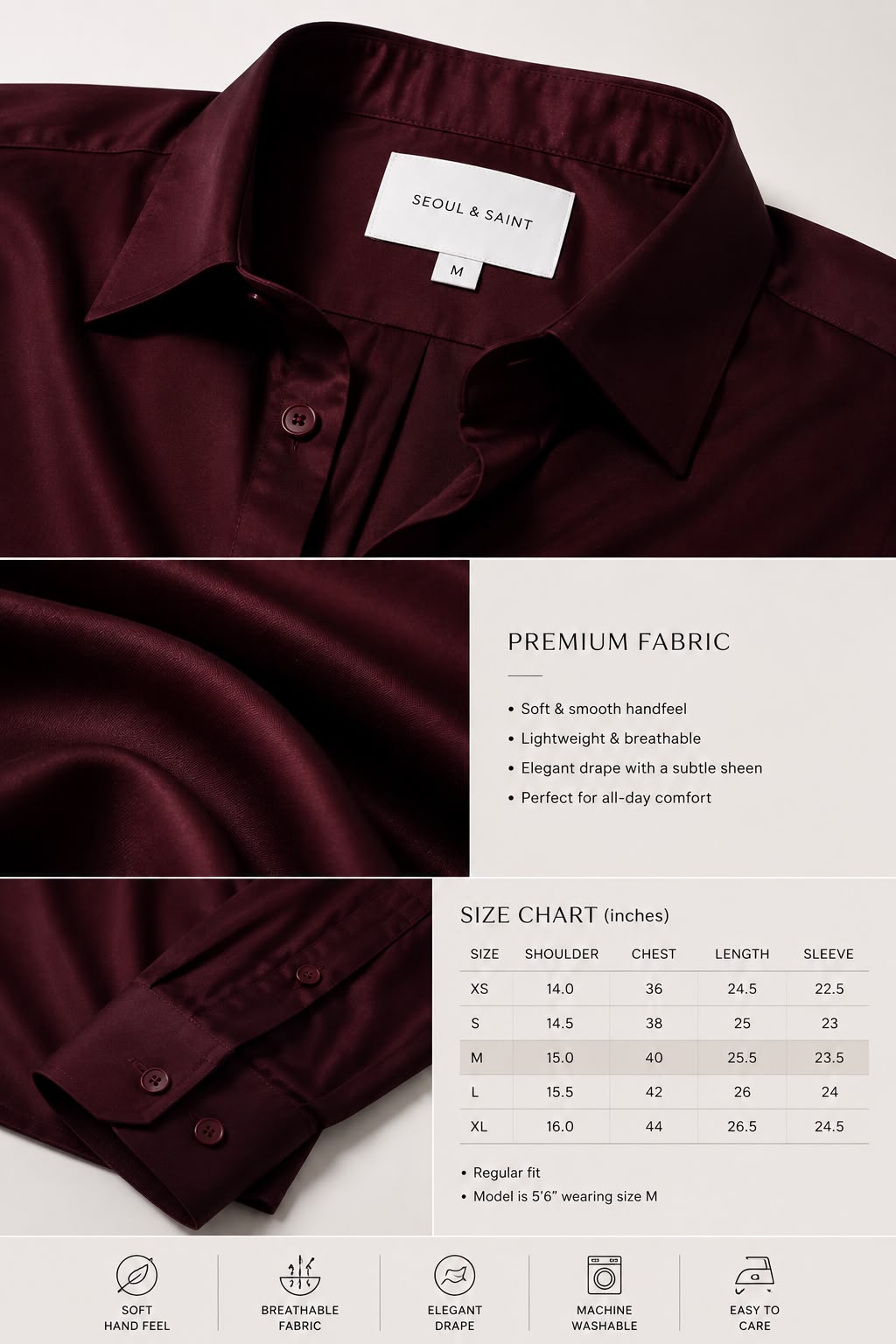Wine — close-ups of the Everyday Oversized Shirt collar and cuff, with fabric notes and a size chart in inches