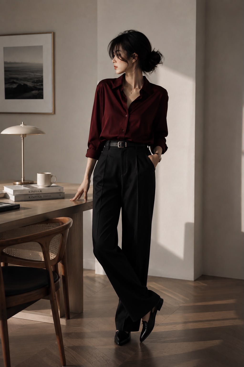 Wine — full-length view of the Everyday Oversized Shirt worn with black trousers