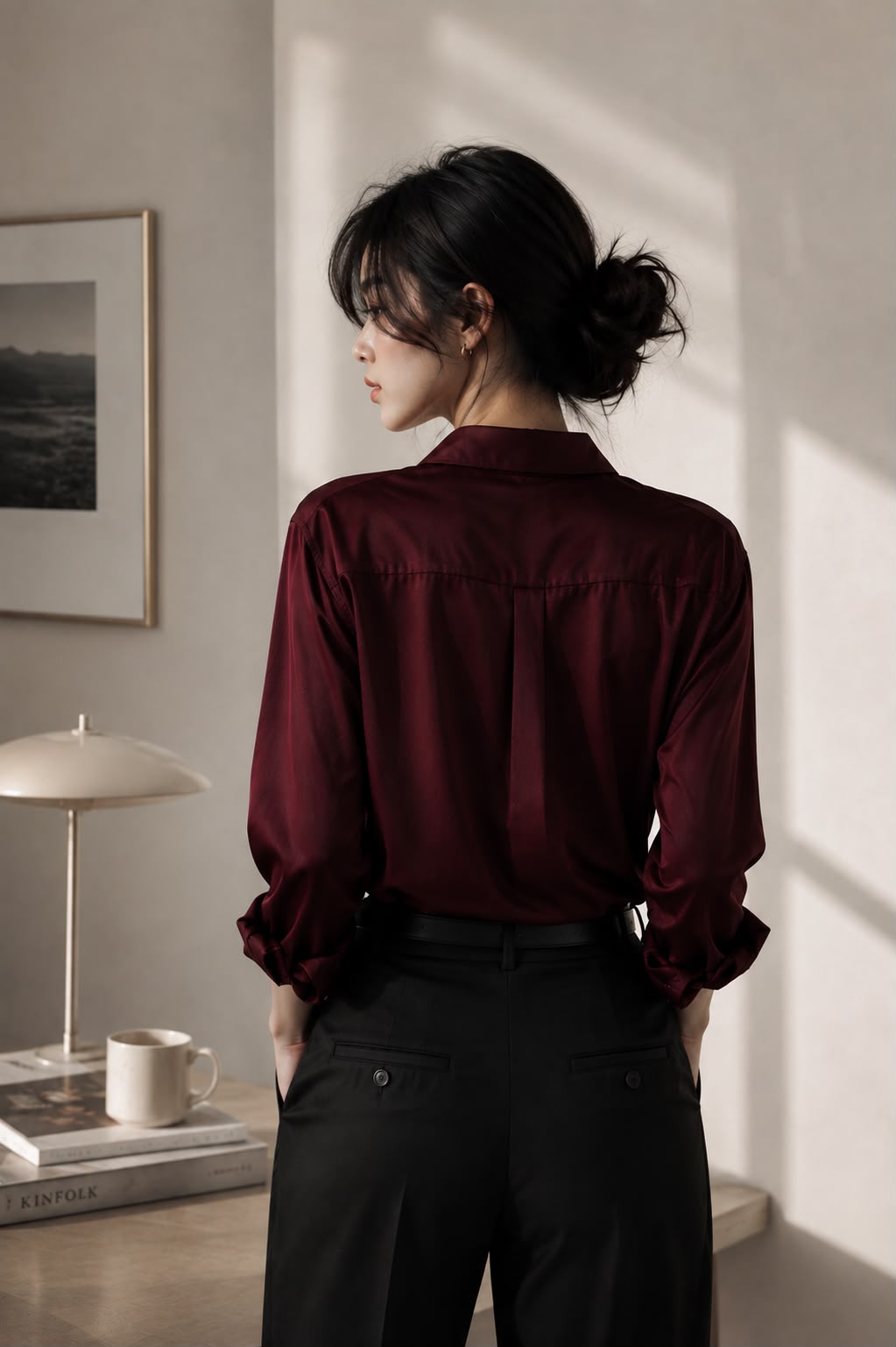 Wine — back view of the Everyday Oversized Shirt with black trousers