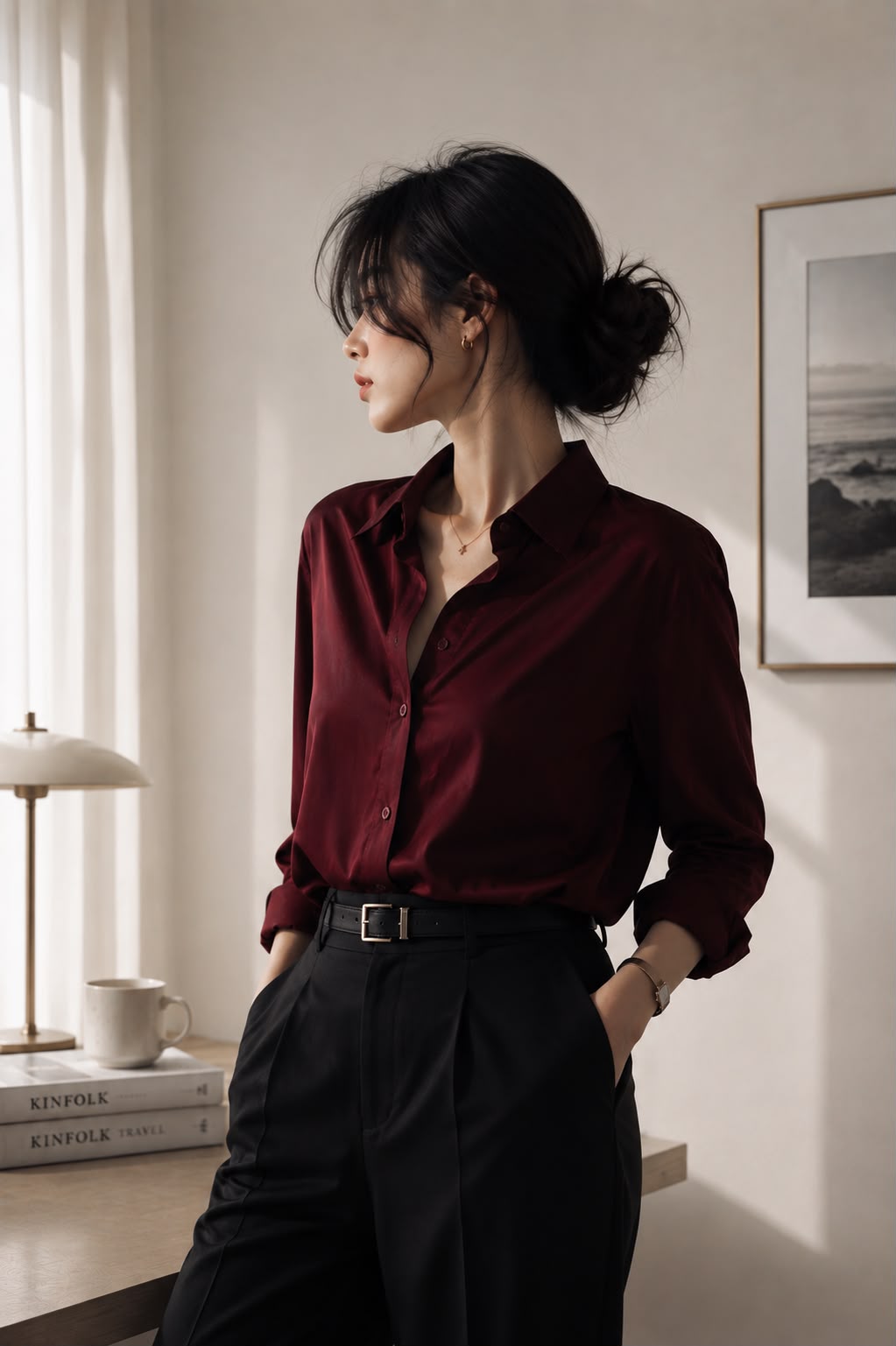 Wine — model in the Everyday Oversized Shirt with sleeves rolled, turned to the side