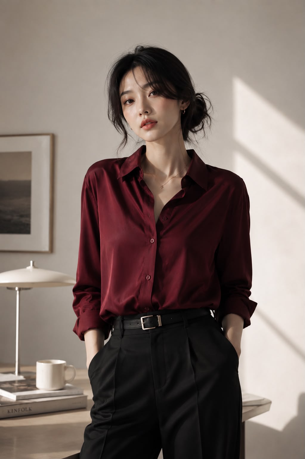 Wine — model wearing the Everyday Oversized Shirt with a black belt and trousers, front view