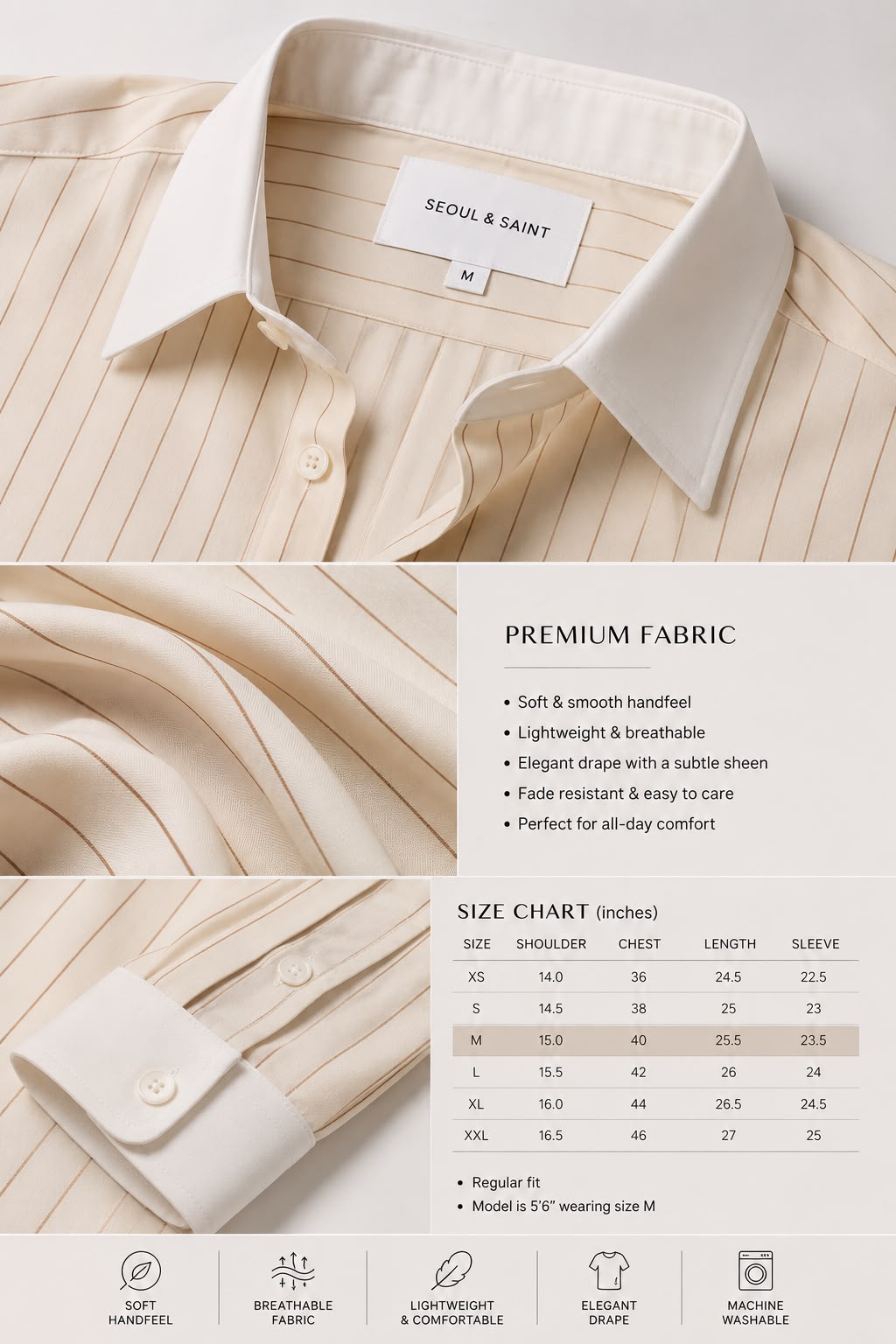 Ivory Pinstripe — close-ups of the Striped Oversized Shirt collar and cuff, with fabric notes and a size chart in inches