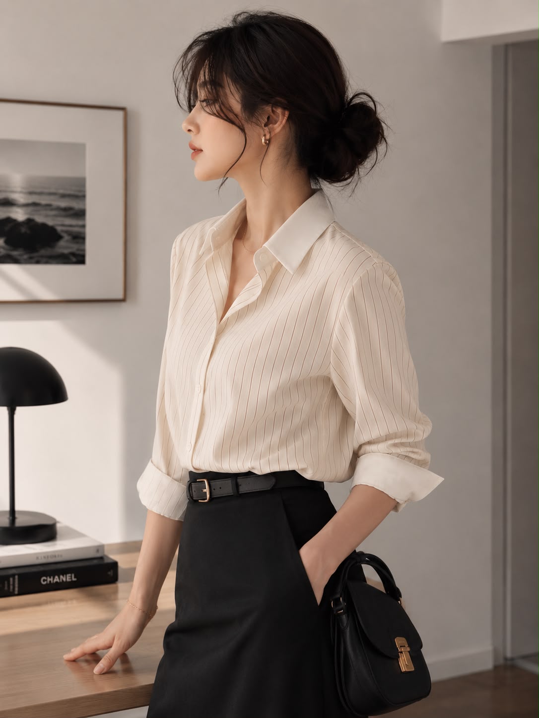 Ivory Pinstripe — model wearing the Striped Oversized Shirt tucked into a black skirt, turned to the side