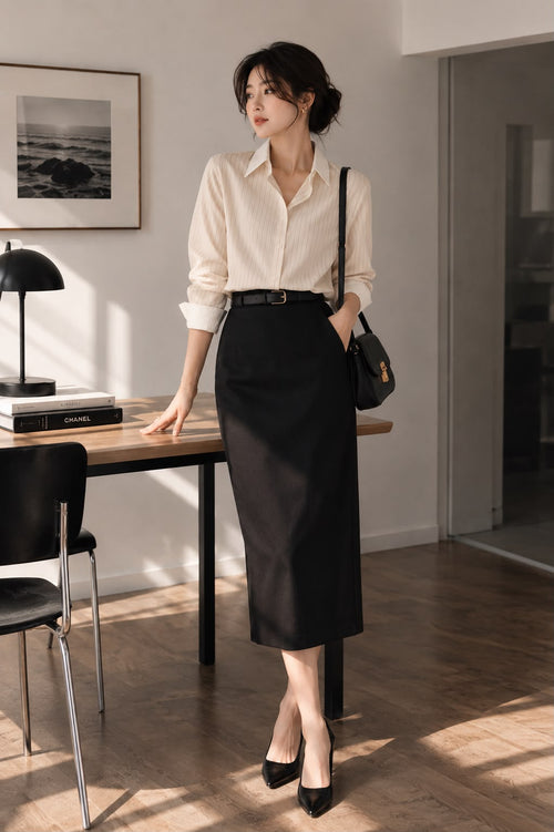 Ivory Pinstripe — full-length view of the Striped Oversized Shirt with a black pencil skirt and heels