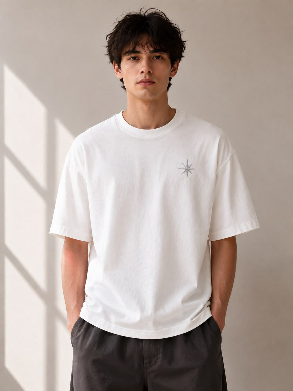 Off White — front view of the Oversized Graphic T-Shirt with a small star emblem on the chest