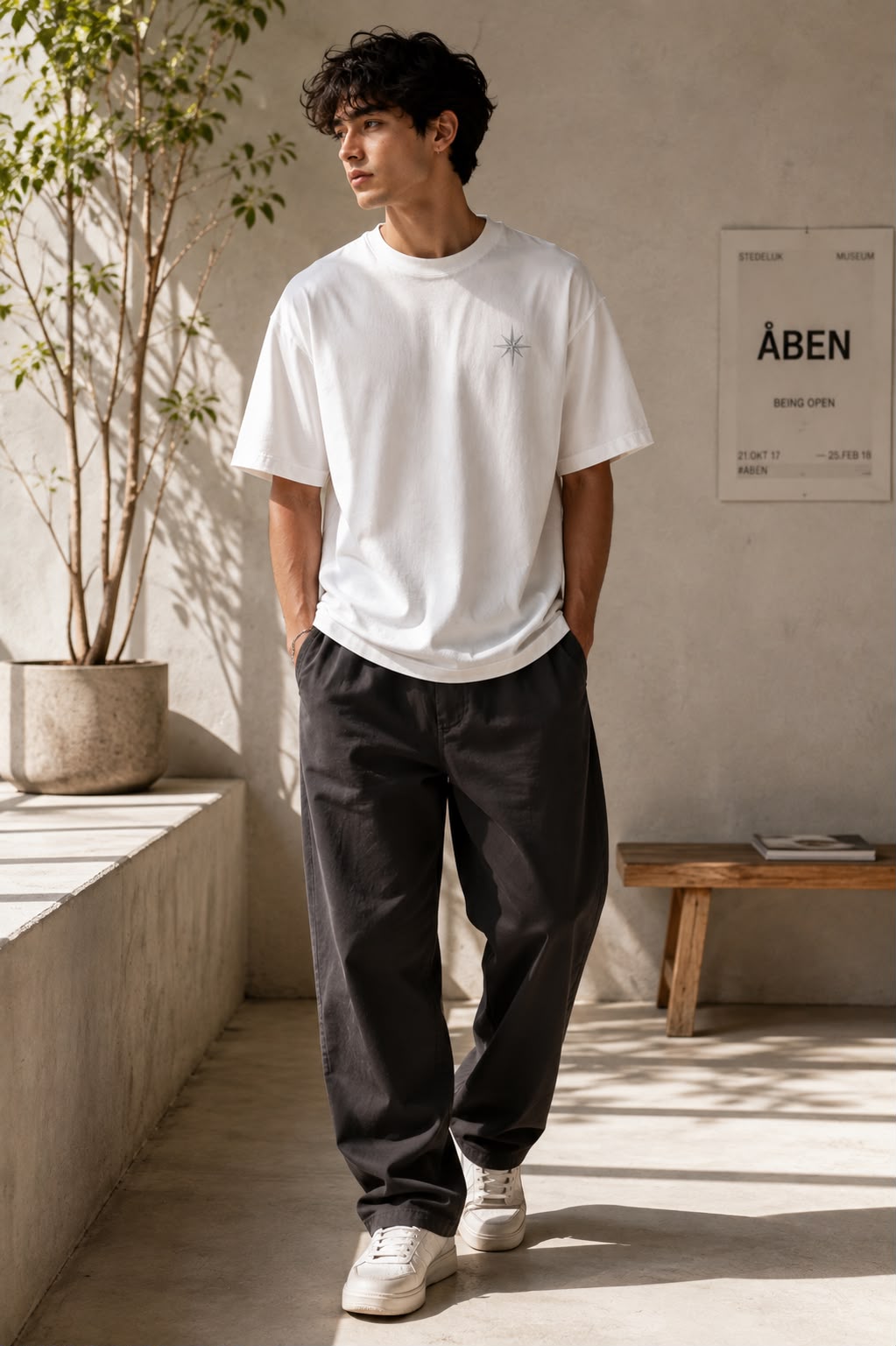 Off White — full-length view of the Oversized Graphic T-Shirt worn with charcoal trousers
