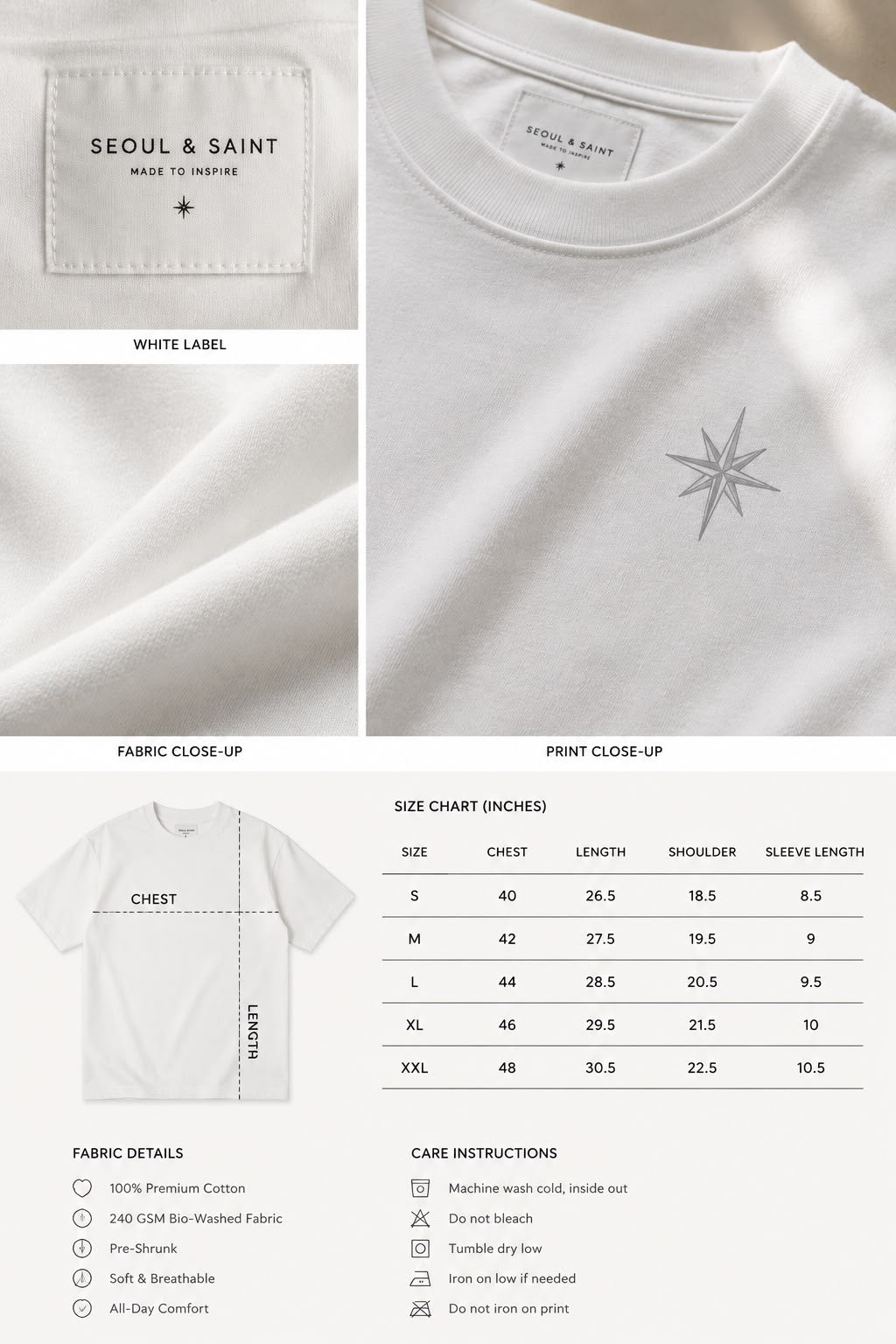 Off White — Oversized Graphic T-Shirt details: woven neck label, print close-up, fabric close-up and a size chart in inches