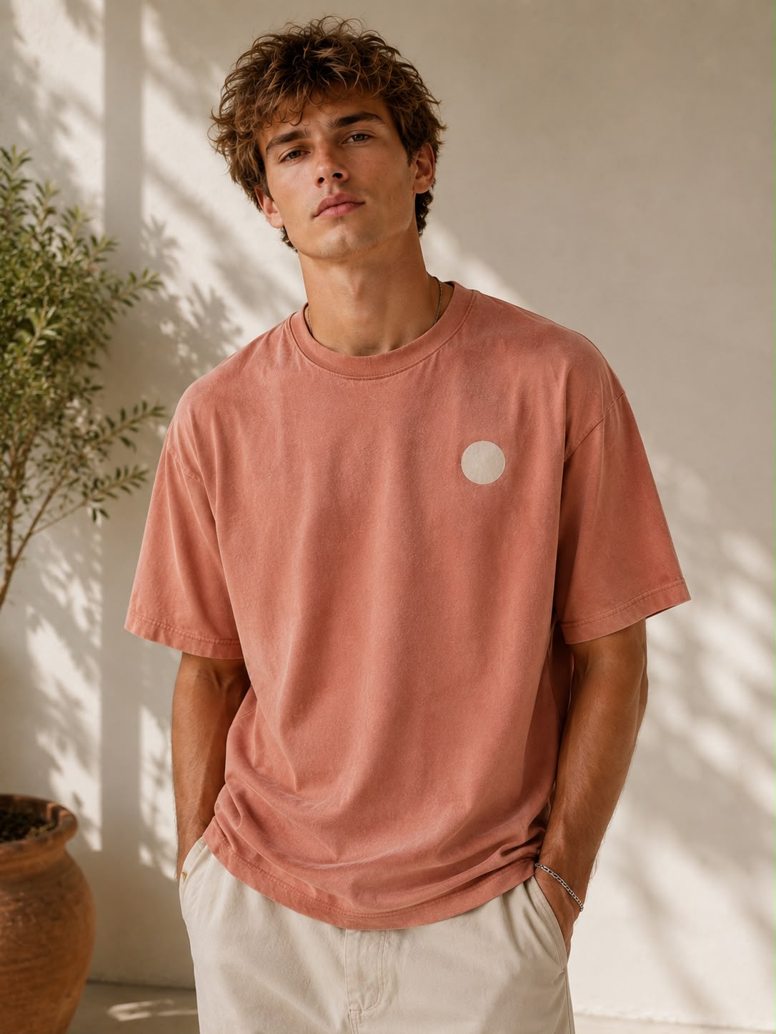 Washed Rust — model wearing the Oversized Graphic T-Shirt, front view beside an olive tree