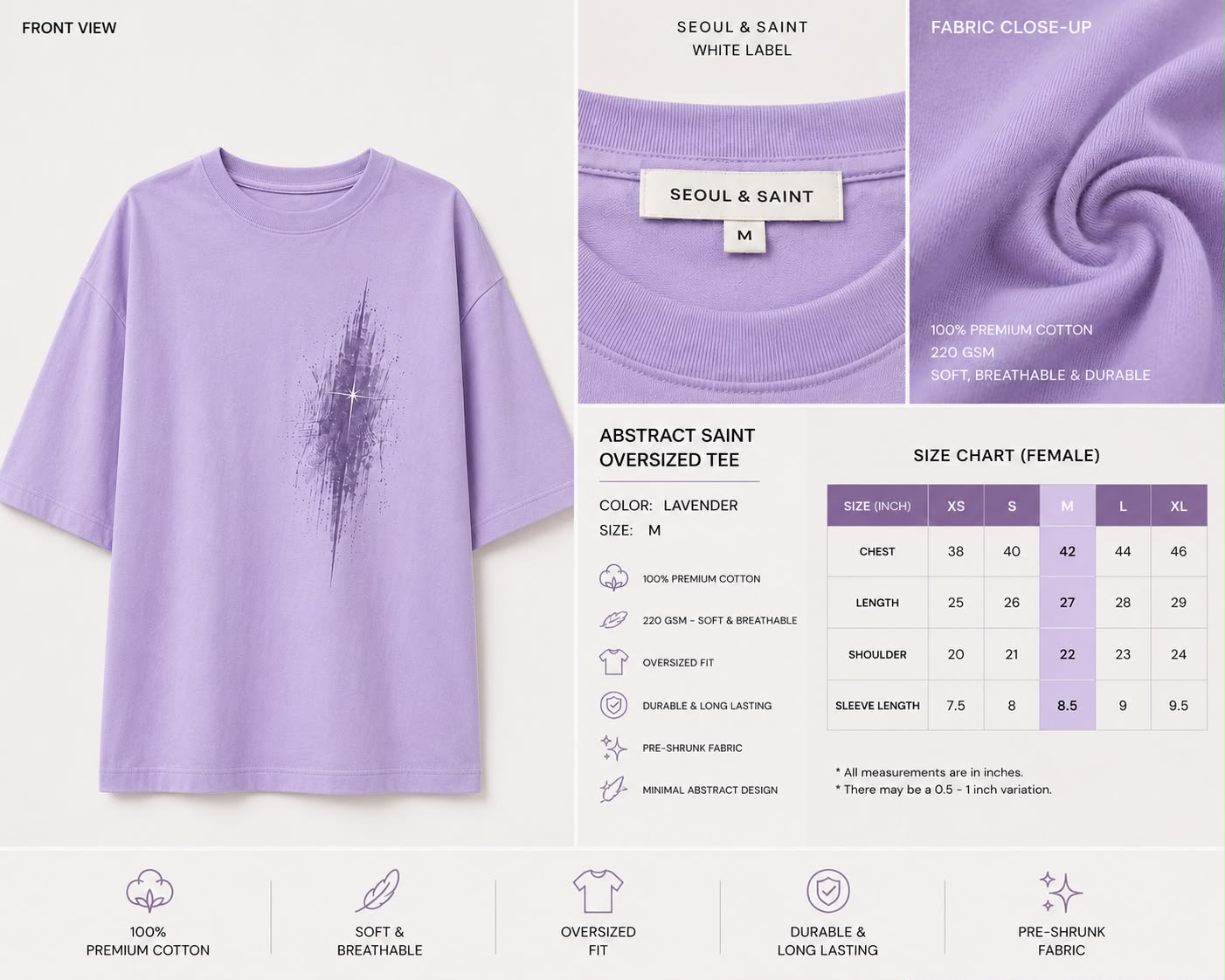 Wisteria — Abstract Saint oversized tee shown flat with the woven Seoul & Saint neck label, a fabric close-up and a size chart in inches