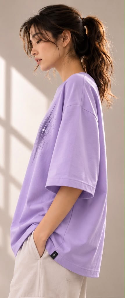 Wisteria — model in the Abstract Saint oversized tee, turned to the side with hands in pockets