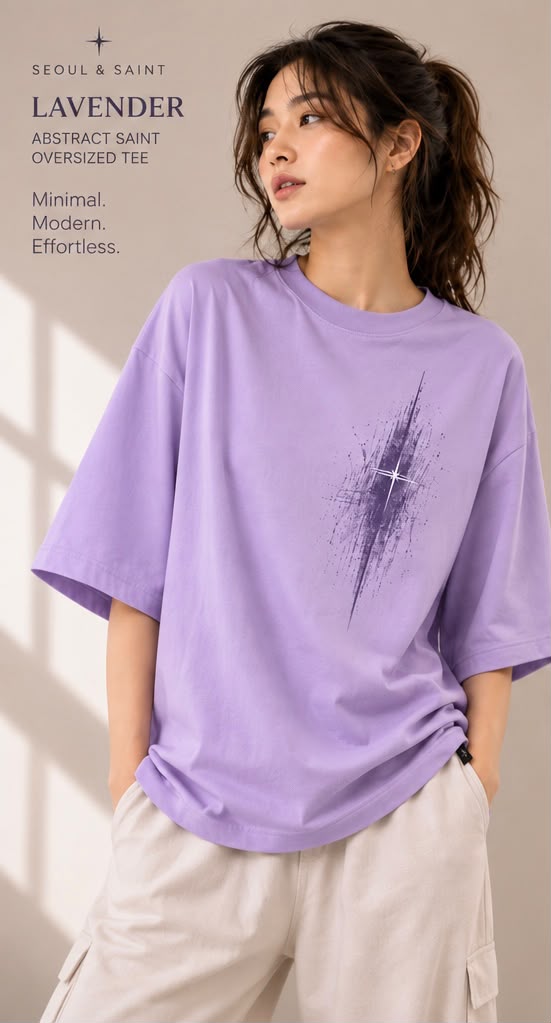 Wisteria — front view of the Abstract Saint oversized tee, showing the brushstroke and star print on the chest