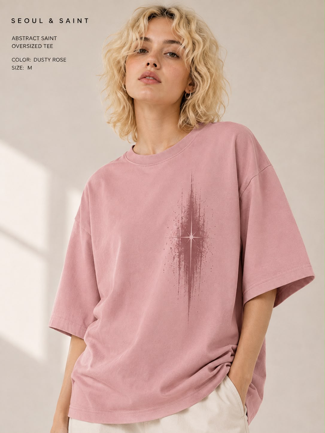 Rosewood — model wearing the Abstract Saint oversized tee, front view