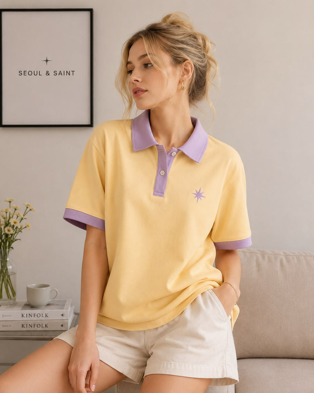 Star Contrast Oversized Polo Butter Yellow × Lilac