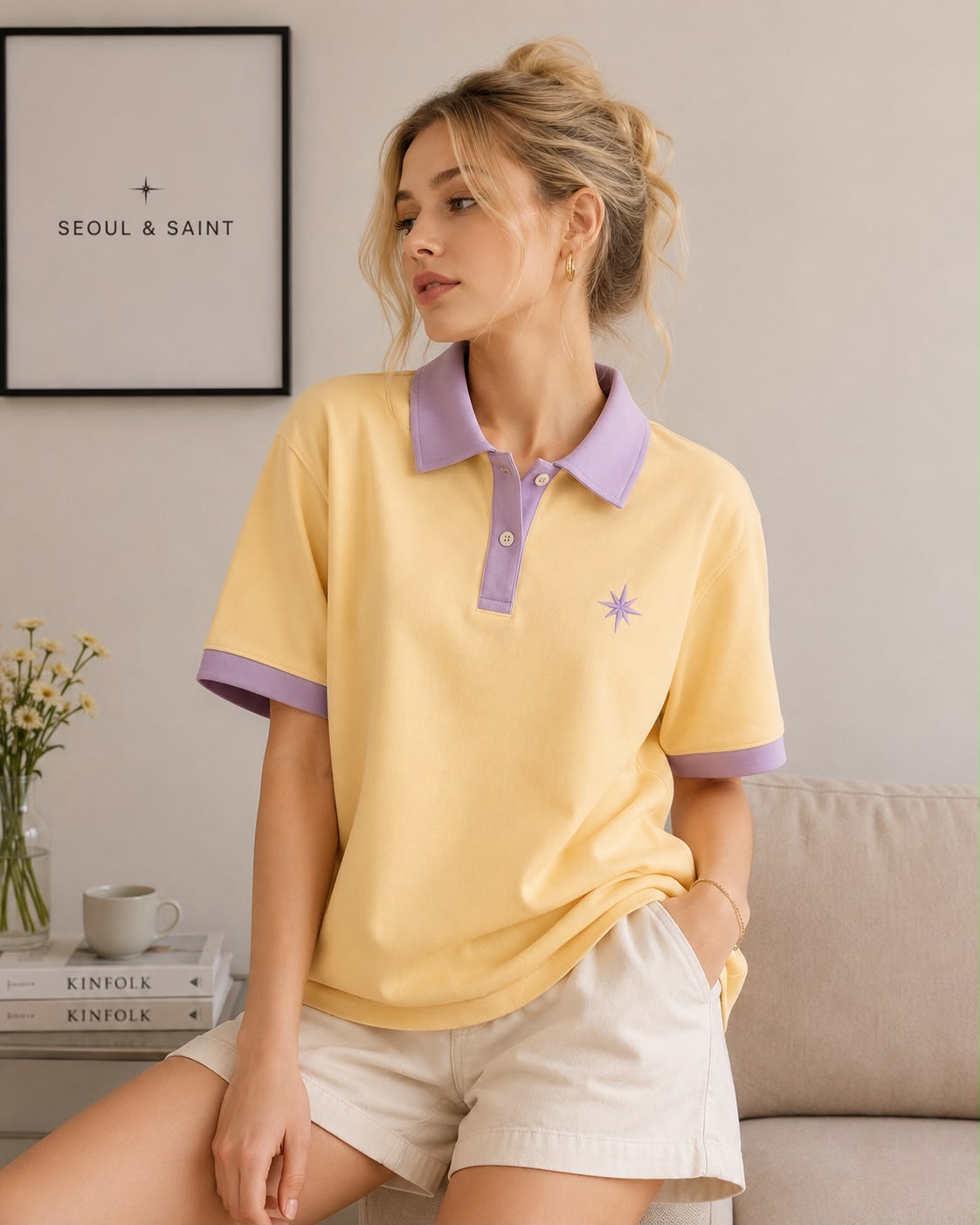 Star Contrast Oversized Polo Butter Yellow × Lilac