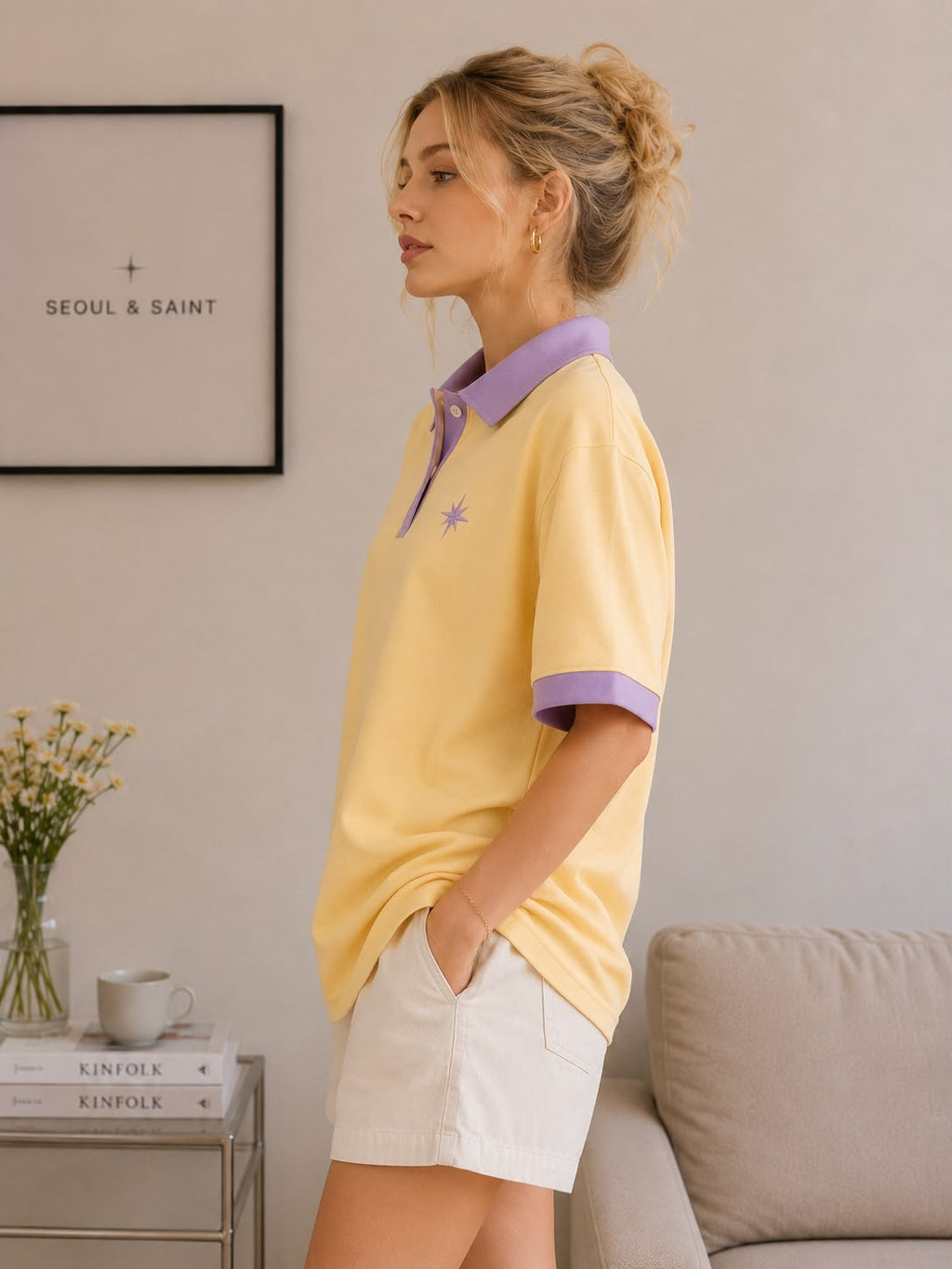 Star Contrast Oversized Polo Butter Yellow × Lilac