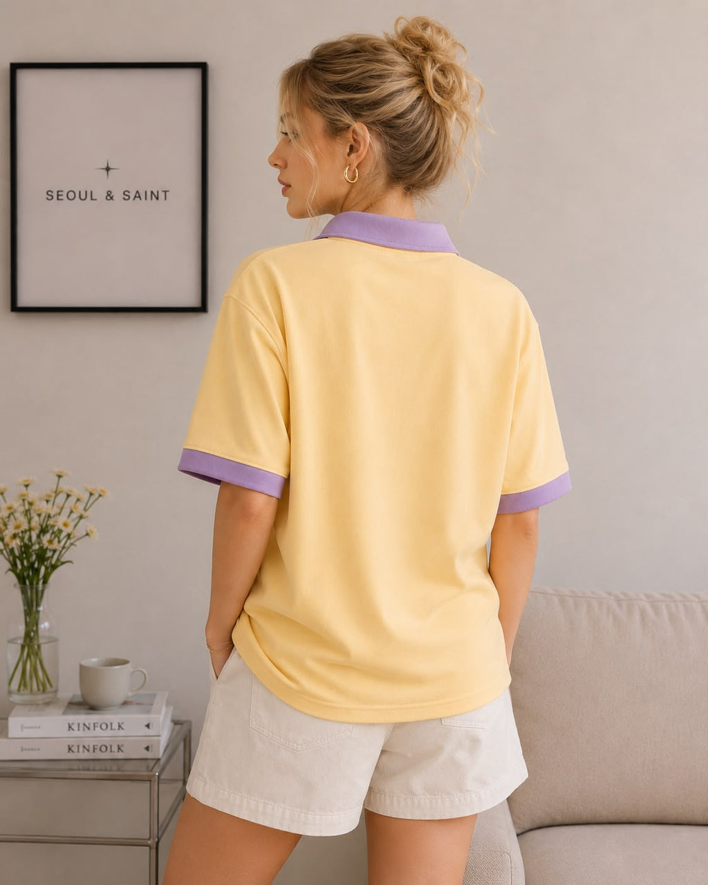Star Contrast Oversized Polo Butter Yellow × Lilac