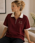 Peekaboo Cat Half-Zip Polo — Burgundy × Cream