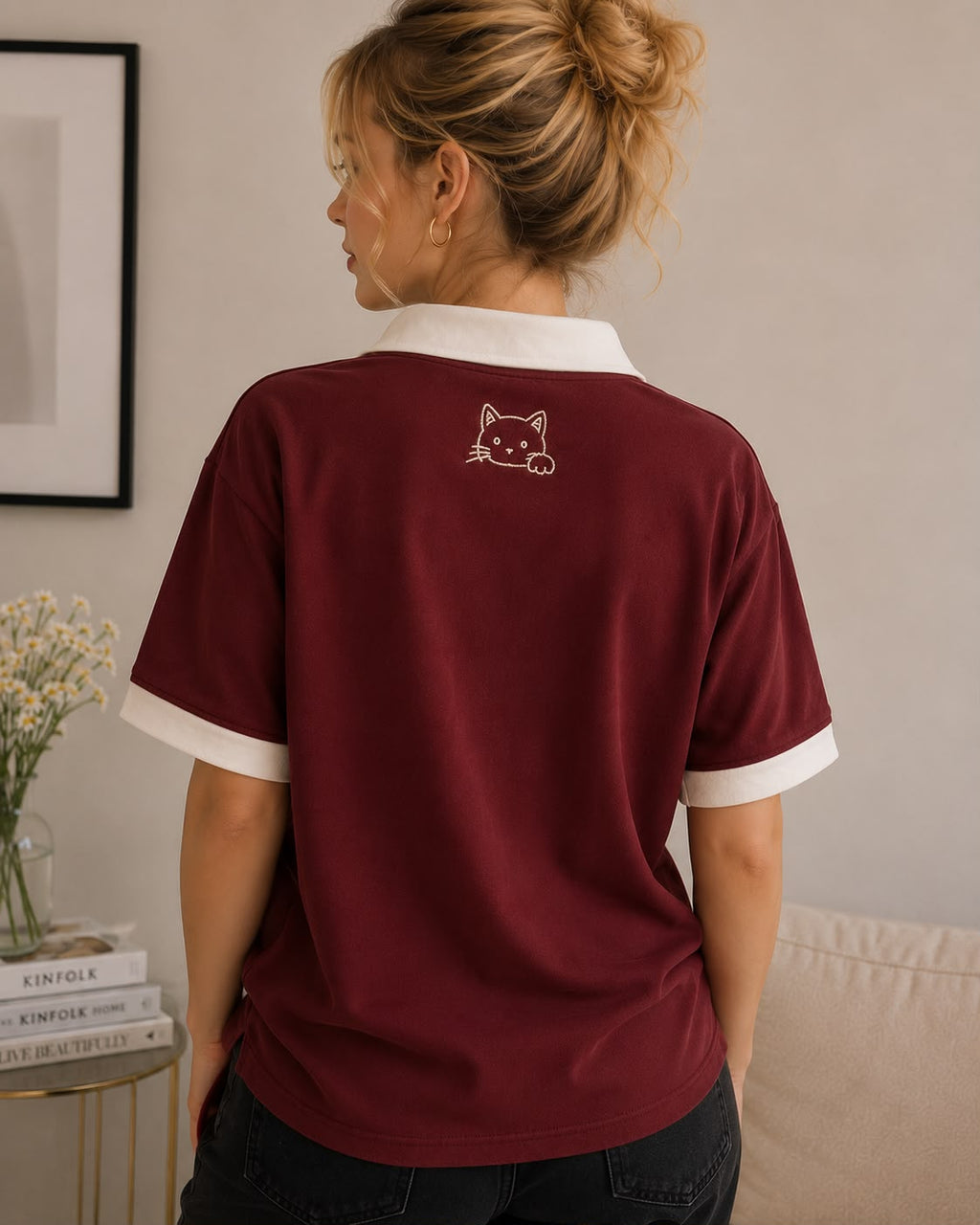 Peekaboo Cat Half-Zip Polo — Burgundy × Cream