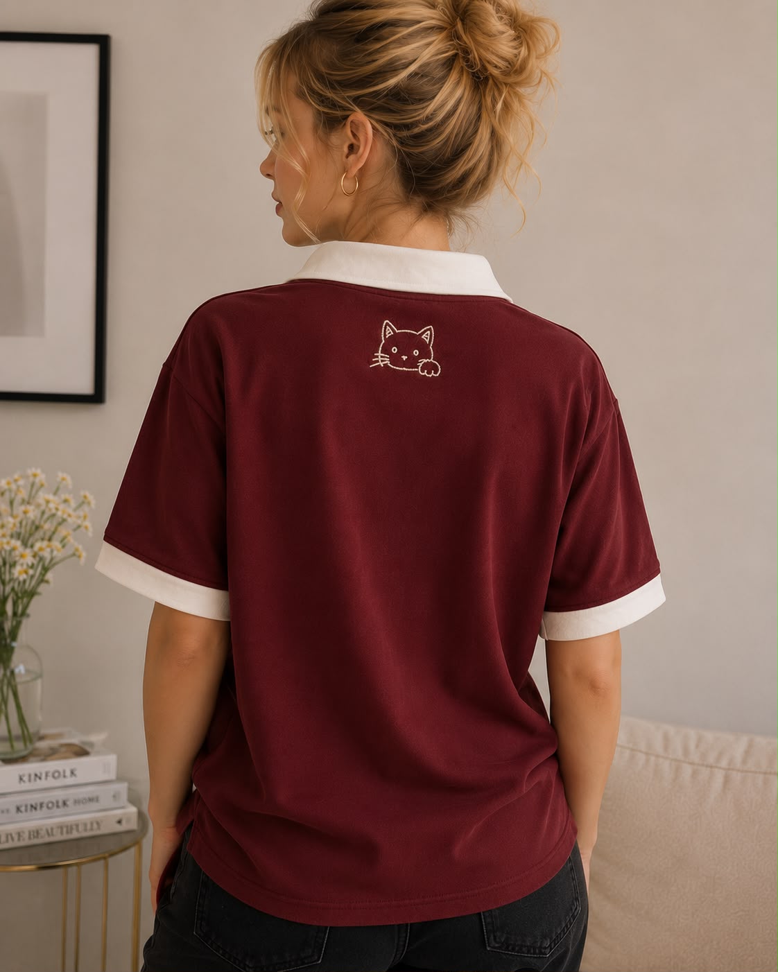 Peekaboo Cat Half-Zip Polo — Burgundy × Cream