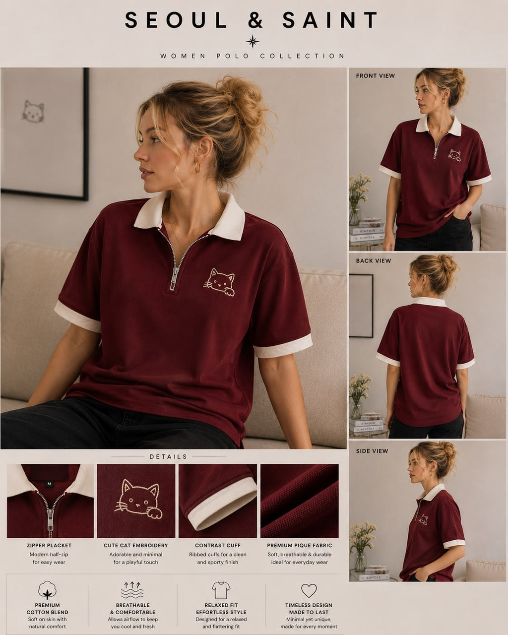 Peekaboo Cat Half-Zip Polo — Burgundy × Cream