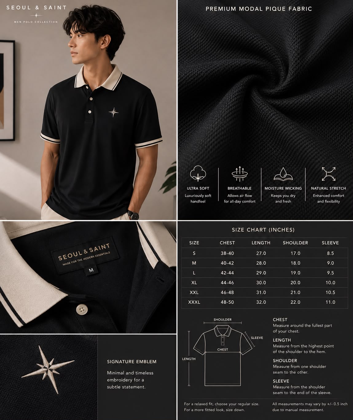 Tipped Star Polo — Black × Cream