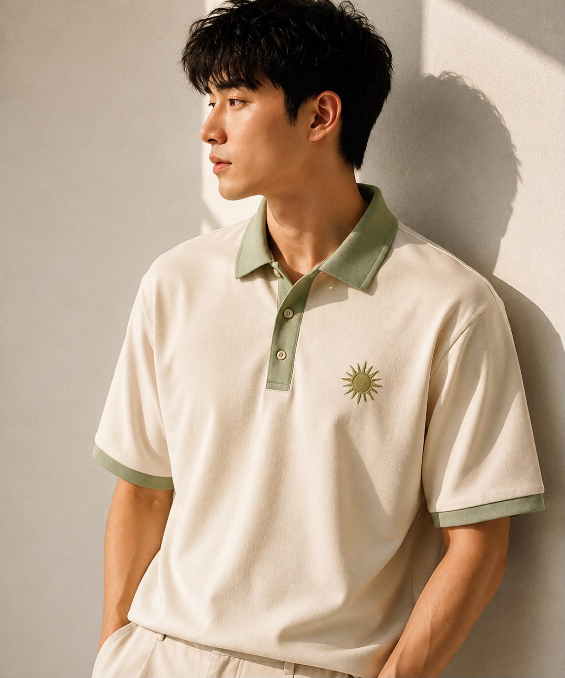 Sun Contrast Polo — Cream × Sage