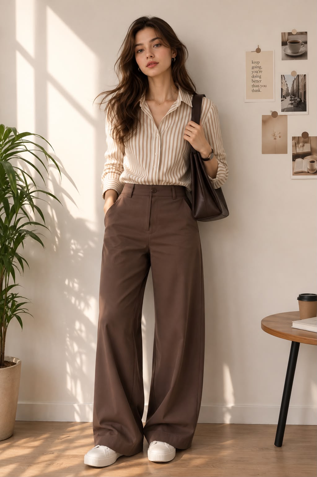Sand Stripe — full-length view of the Striped Oversized Shirt worn with brown wide-leg trousers