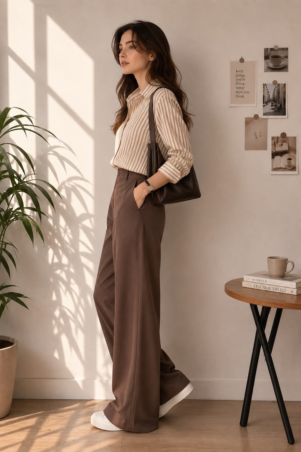 Sand Stripe — side view of the Striped Oversized Shirt with brown wide-leg trousers