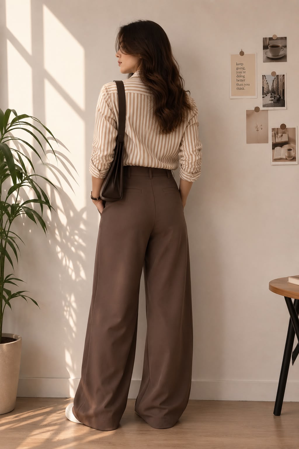 Sand Stripe — back view of the Striped Oversized Shirt with brown wide-leg trousers