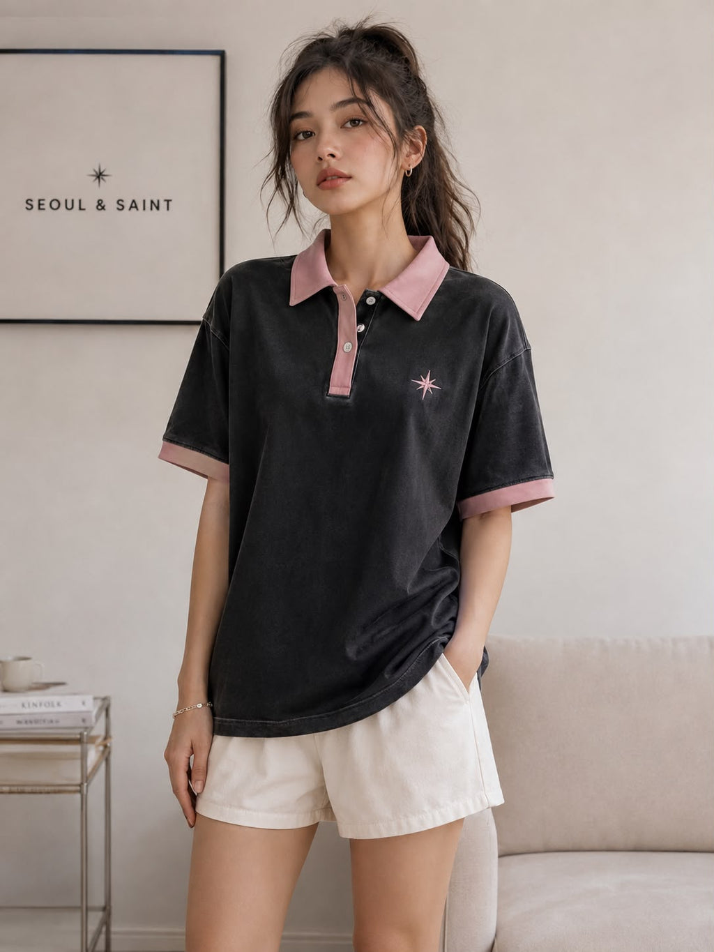 Star Contrast Oversized Polo — Black