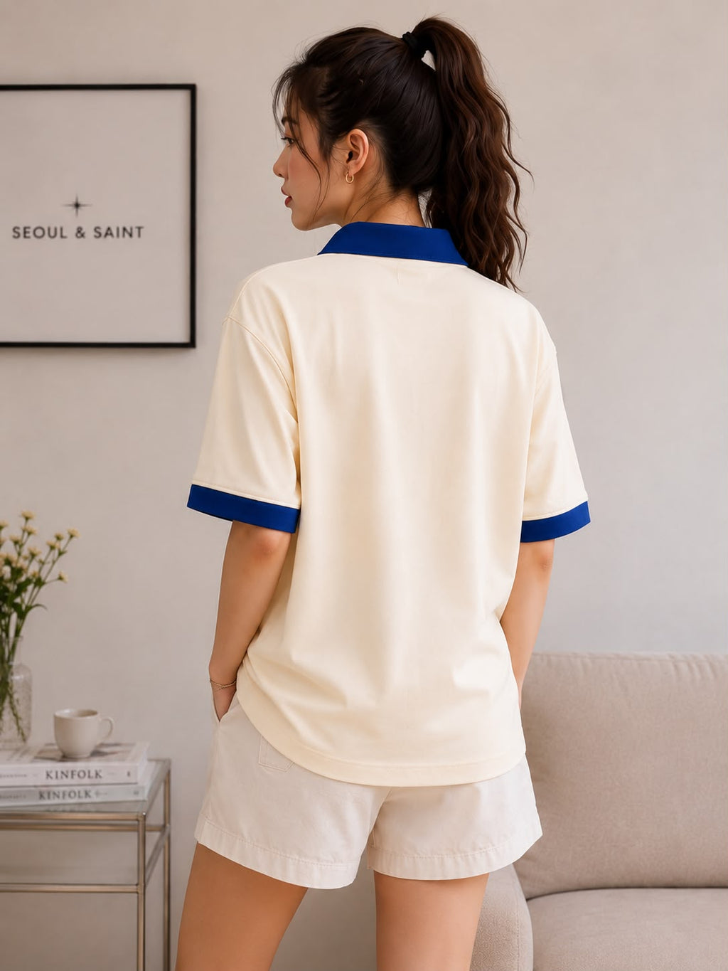 Star Contrast Oversized Polo — Beige