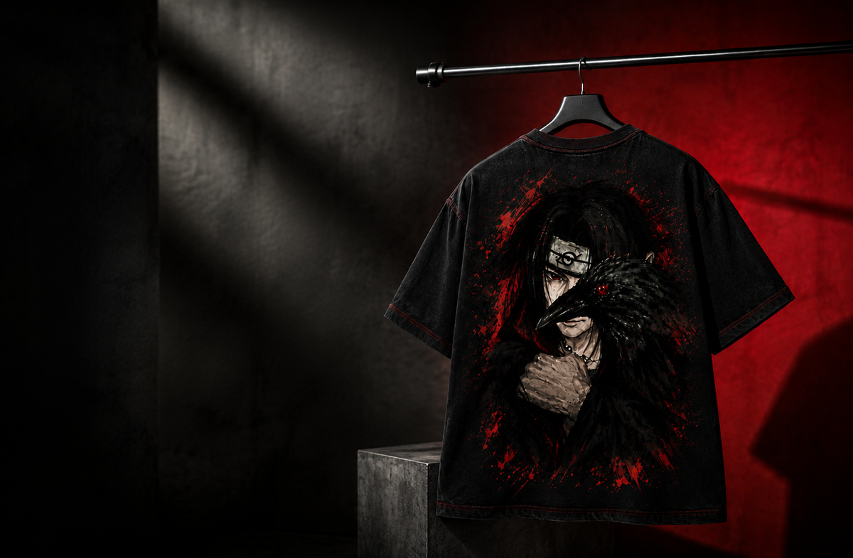 Seoul & Saint oversized black tee with a red and black graphic print, hanging on a rail against a red studio wall